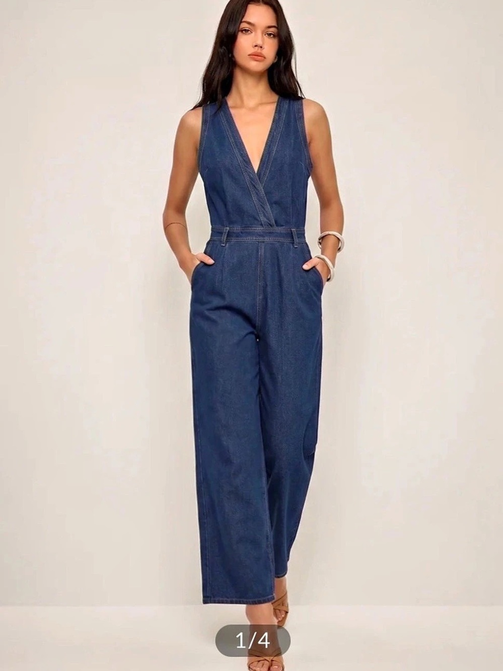 Commense Denim V-Neck Sleeveless Jumpsuit Blue Medium